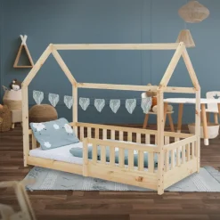 Kinderbett Hausbett 80x160 cm aus Kiefernholz mit Rausfallschutz Dach und Lattenrost Holzbett ML-Design
