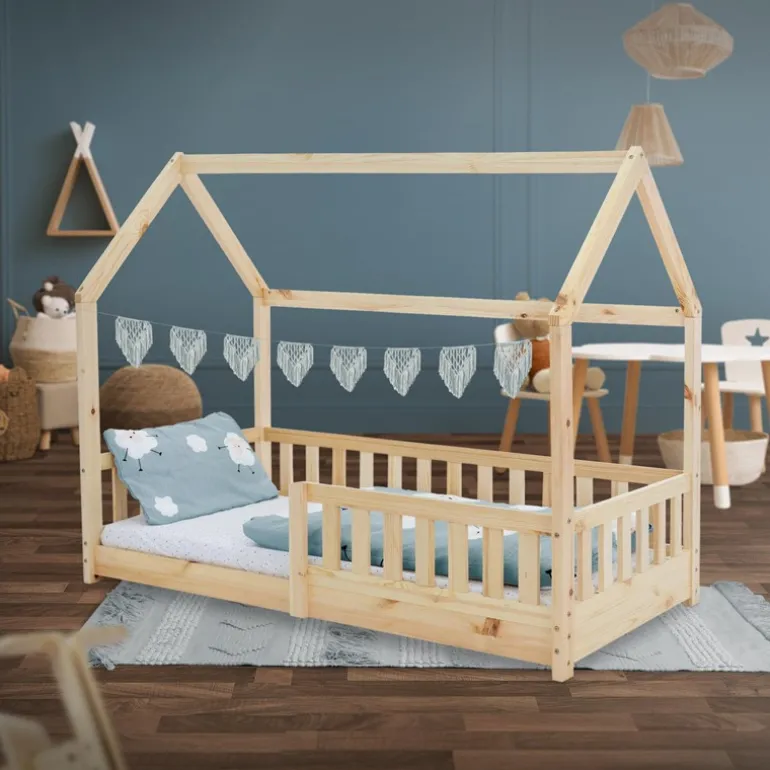 Kinderbett Hausbett 80x160 cm aus Kiefernholz mit Rausfallschutz Dach und Lattenrost Holzbett ML-Design