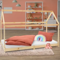Kinderbett Hausbett 90x200 cm aus Kiefernholz Holzbett mit Dach und Lattenrost ML-Design