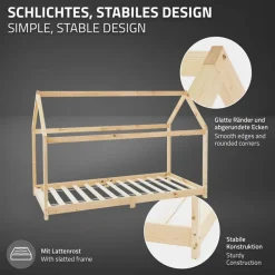 Kinderbett Hausbett 90x200 cm aus Kiefernholz Holzbett mit Dach und Lattenrost ML-Design
