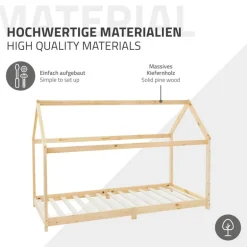 Kinderbett Hausbett 90x200 cm aus Kiefernholz Holzbett mit Dach und Lattenrost ML-Design