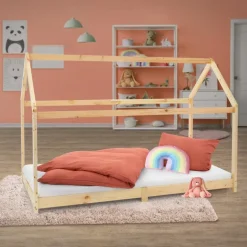 Kinderbett Hausbett 90x200 cm aus Kiefernholz Holzbett mit Dach und Lattenrost ML-Design