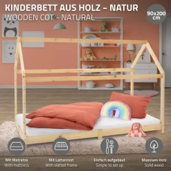 Kinderbett Hausbett 90x200 cm aus Kiefernholz inkl. Matratze H-10cm Holzbett mit Dach und Lattenrost ML-Design