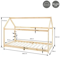 Kinderbett Hausbett 90x200 cm aus Kiefernholz inkl. Matratze H-10cm Holzbett mit Dach und Lattenrost ML-Design
