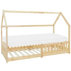 Kinderbett Hausbett 90x200 cm aus Kiefernholz inkl. Matratze H-10cm Rausfallschutz Dach und Lattenrost ML-Design