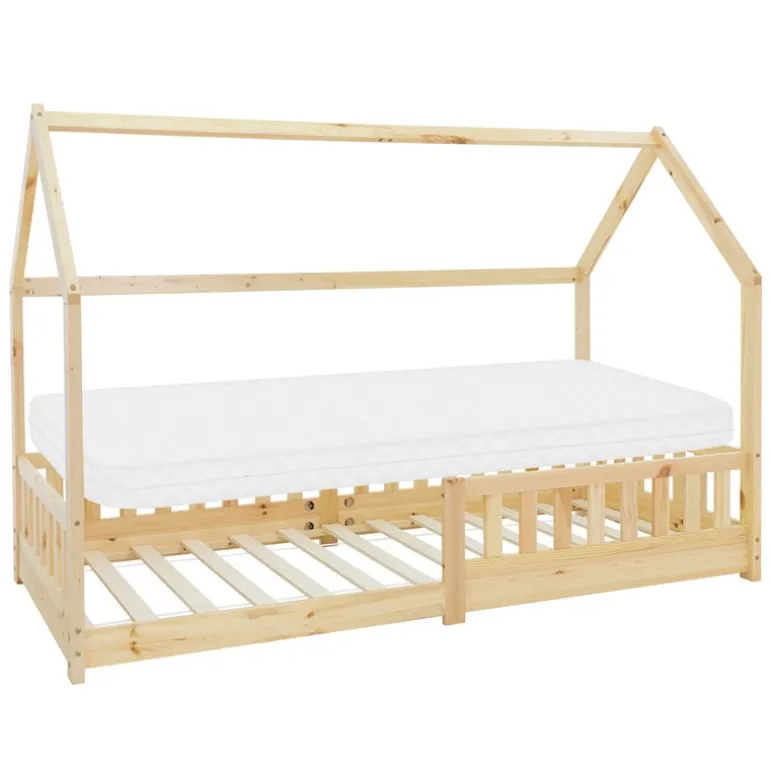 Kinderbett Hausbett 90x200 cm aus Kiefernholz inkl. Matratze H-10cm Rausfallschutz Dach und Lattenrost ML-Design