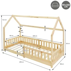 Kinderbett Hausbett 90x200 cm aus Kiefernholz inkl. Matratze H-10cm Rausfallschutz Dach und Lattenrost ML-Design