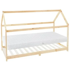 Kinderbett Hausbett 90x200 cm aus Kiefernholz inkl. Matratze H-16cm Holzbett mit Dach und Lattenrost ML-Design