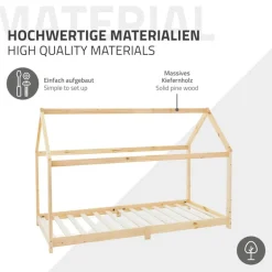 Kinderbett Hausbett 90x200 cm aus Kiefernholz inkl. Matratze H-16cm Holzbett mit Dach und Lattenrost ML-Design
