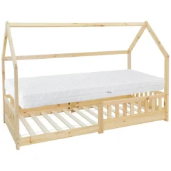 Kinderbett Hausbett 90x200 cm aus Kiefernholz inkl. Matratze H-16cm Rausfallschutz Dach und Lattenrost ML-Design