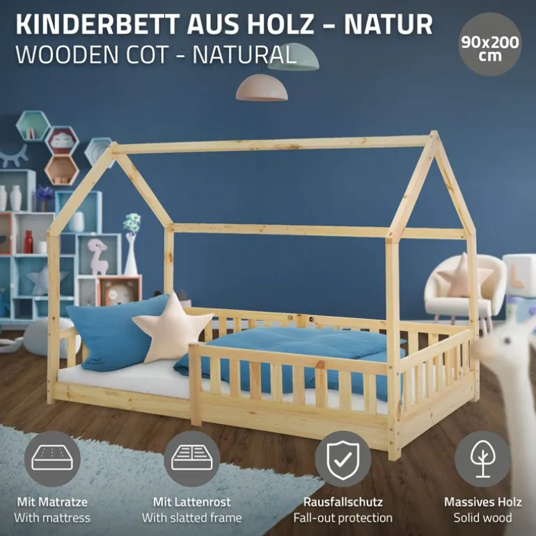 Kinderbett Hausbett 90x200 cm aus Kiefernholz inkl. Matratze H-16cm Rausfallschutz Dach und Lattenrost ML-Design