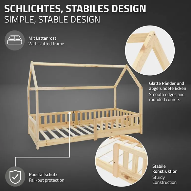 Kinderbett Hausbett 90x200 cm aus Kiefernholz inkl. Matratze H-16cm Rausfallschutz Dach und Lattenrost ML-Design