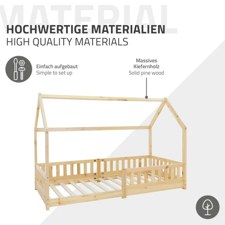 Kinderbett Hausbett 90x200 cm aus Kiefernholz inkl. Matratze H-16cm Rausfallschutz Dach und Lattenrost ML-Design