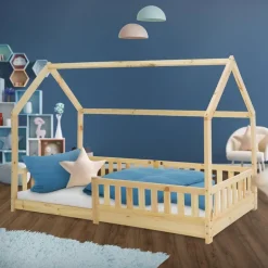 Kinderbett Hausbett 90x200 cm aus Kiefernholz mit Rausfallschutz Dach und Lattenrost Holzbett ML-Design