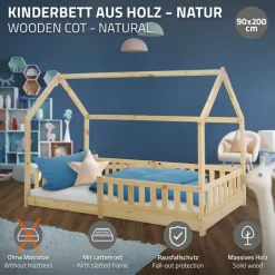 Kinderbett Hausbett 90x200 cm aus Kiefernholz mit Rausfallschutz Dach und Lattenrost Holzbett ML-Design