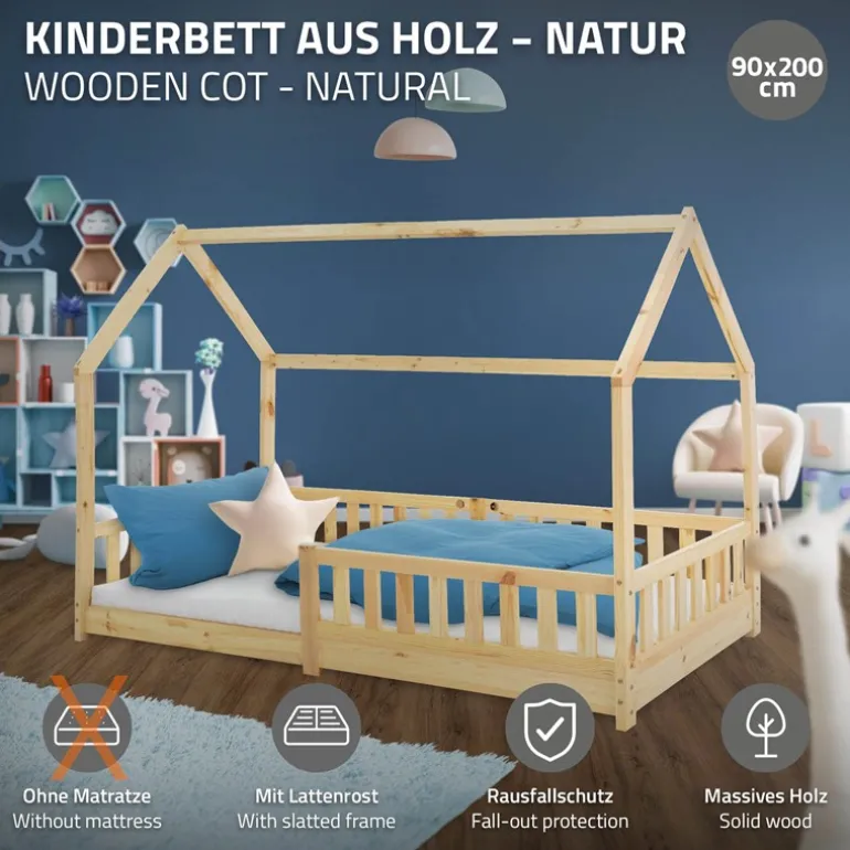 Kinderbett Hausbett 90x200 cm aus Kiefernholz mit Rausfallschutz Dach und Lattenrost Holzbett ML-Design
