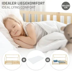 Kinderbett Hausbett 90x200 cm aus Kiefernholz mit Rausfallschutz Dach und Lattenrost Holzbett ML-Design