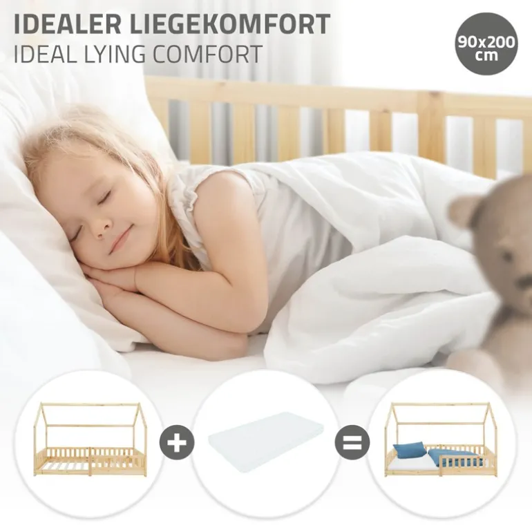 Kinderbett Hausbett 90x200 cm aus Kiefernholz mit Rausfallschutz Dach und Lattenrost Holzbett ML-Design