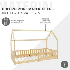 Kinderbett Hausbett 90x200 cm aus Kiefernholz mit Rausfallschutz Dach und Lattenrost Holzbett ML-Design