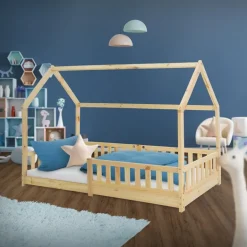 Kinderbett Hausbett 90x200 cm aus Kiefernholz mit Rausfallschutz Dach und Lattenrost Holzbett ML-Design