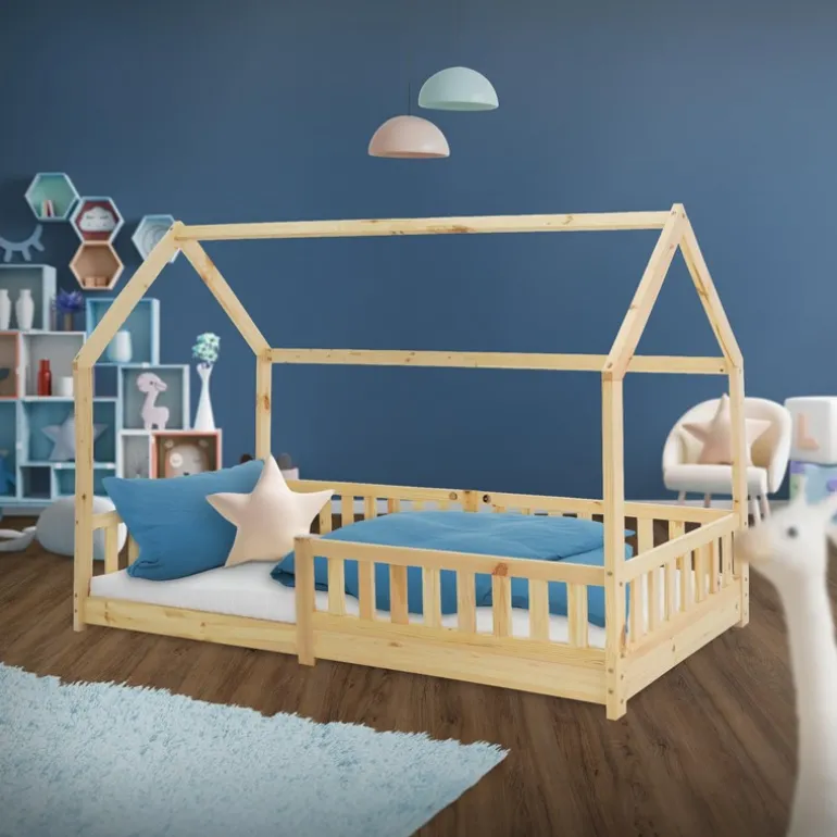 Kinderbett Hausbett 90x200 cm aus Kiefernholz mit Rausfallschutz Dach und Lattenrost Holzbett ML-Design