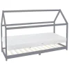Kinderbett Hausbett 90x200 cm Hellgrau aus Kiefernholz inkl. Matratze H-16cm Holzbett mit Dach und Lattenrost ML-Design