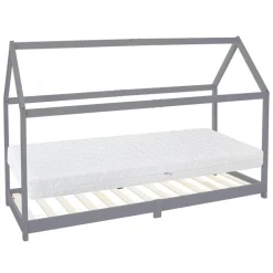 Kinderbett Hausbett 90x200 cm Hellgrau aus Kiefernholz inkl. Matratze H-16cm Holzbett mit Dach und Lattenrost ML-Design