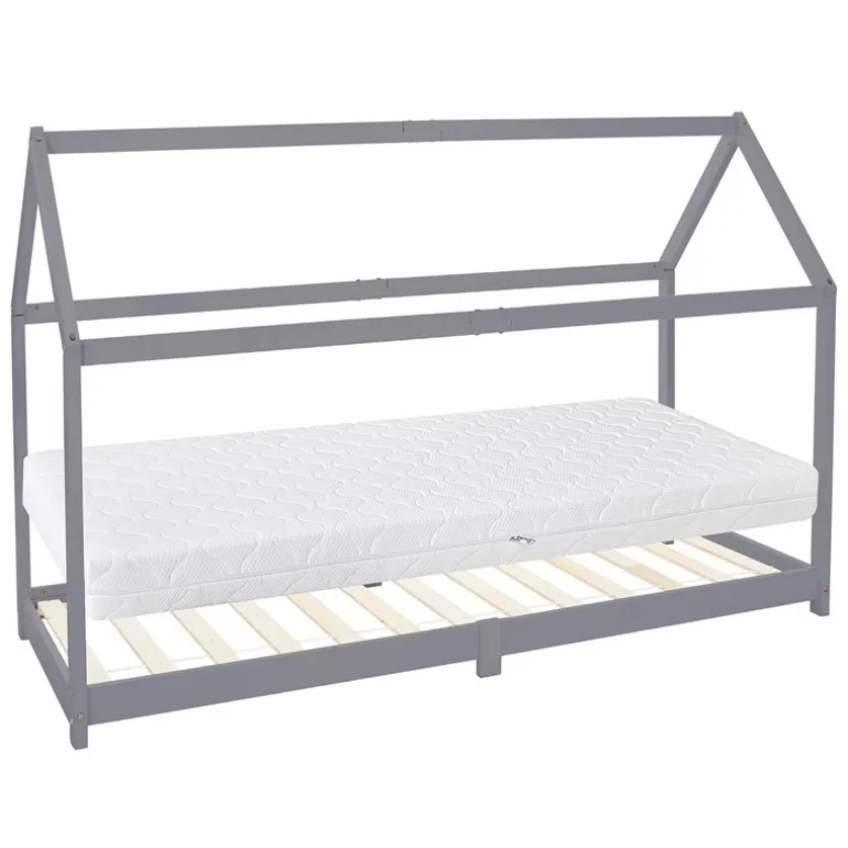 Kinderbett Hausbett 90x200 cm Hellgrau aus Kiefernholz inkl. Matratze H-16cm Holzbett mit Dach und Lattenrost ML-Design