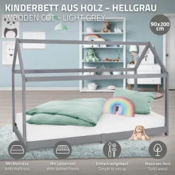 Kinderbett Hausbett 90x200 cm Hellgrau aus Kiefernholz inkl. Matratze H-16cm Holzbett mit Dach und Lattenrost ML-Design
