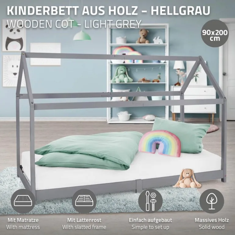 Kinderbett Hausbett 90x200 cm Hellgrau aus Kiefernholz inkl. Matratze H-16cm Holzbett mit Dach und Lattenrost ML-Design