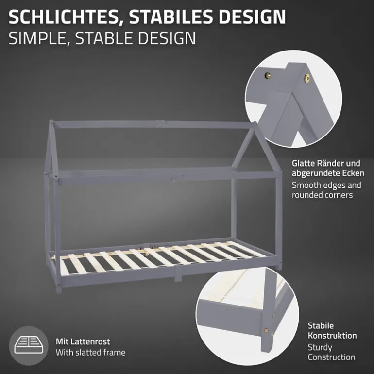 Kinderbett Hausbett 90x200 cm Hellgrau aus Kiefernholz inkl. Matratze H-16cm Holzbett mit Dach und Lattenrost ML-Design
