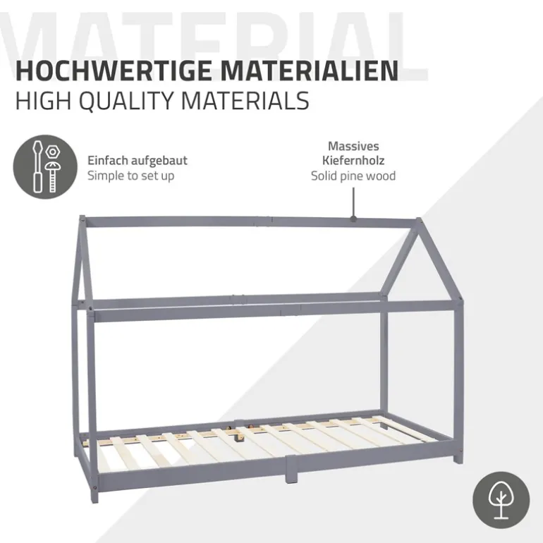 Kinderbett Hausbett 90x200 cm Hellgrau aus Kiefernholz inkl. Matratze H-16cm Holzbett mit Dach und Lattenrost ML-Design