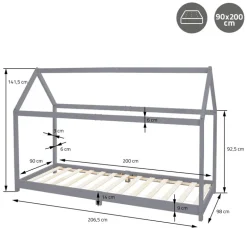 Kinderbett Hausbett 90x200 cm Hellgrau aus Kiefernholz inkl. Matratze H-16cm Holzbett mit Dach und Lattenrost ML-Design