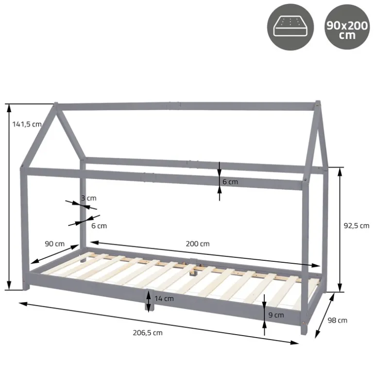 Kinderbett Hausbett 90x200 cm Hellgrau aus Kiefernholz inkl. Matratze H-16cm Holzbett mit Dach und Lattenrost ML-Design