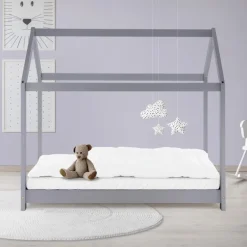 Kinderbett Hausbett 70x140 cm Hellgrau aus Kiefernholz Holzbett mit Dach und Lattenrost ML-Design