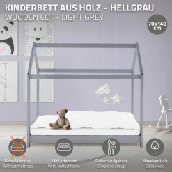 Kinderbett Hausbett 70x140 cm Hellgrau aus Kiefernholz Holzbett mit Dach und Lattenrost ML-Design