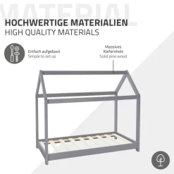 Kinderbett Hausbett 70x140 cm Hellgrau aus Kiefernholz Holzbett mit Dach und Lattenrost ML-Design