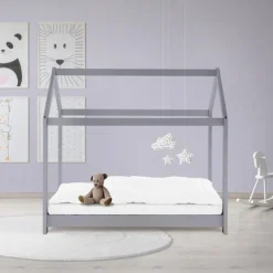 Kinderbett Hausbett 70x140 cm Hellgrau aus Kiefernholz Holzbett mit Dach und Lattenrost ML-Design