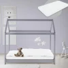 Kinderbett Hausbett 70x140 cm Hellgrau aus Kiefernholz inkl. Matratze H-10cm Holzbett mit Dach und Lattenrost ML-Design