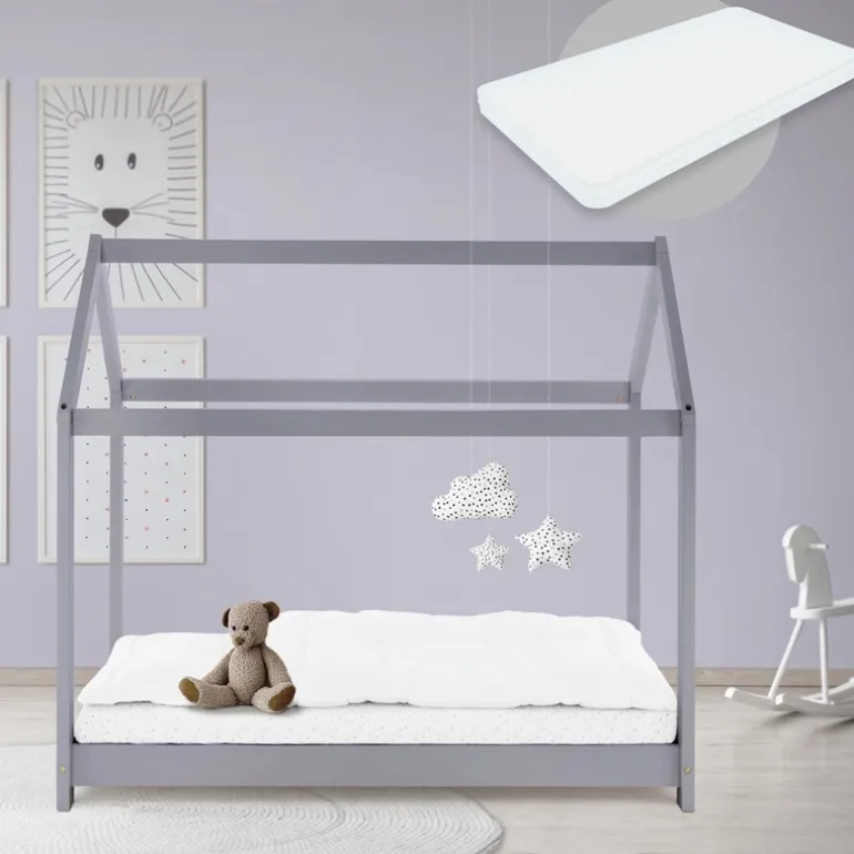 Kinderbett Hausbett 70x140 cm Hellgrau aus Kiefernholz inkl. Matratze H-10cm Holzbett mit Dach und Lattenrost ML-Design