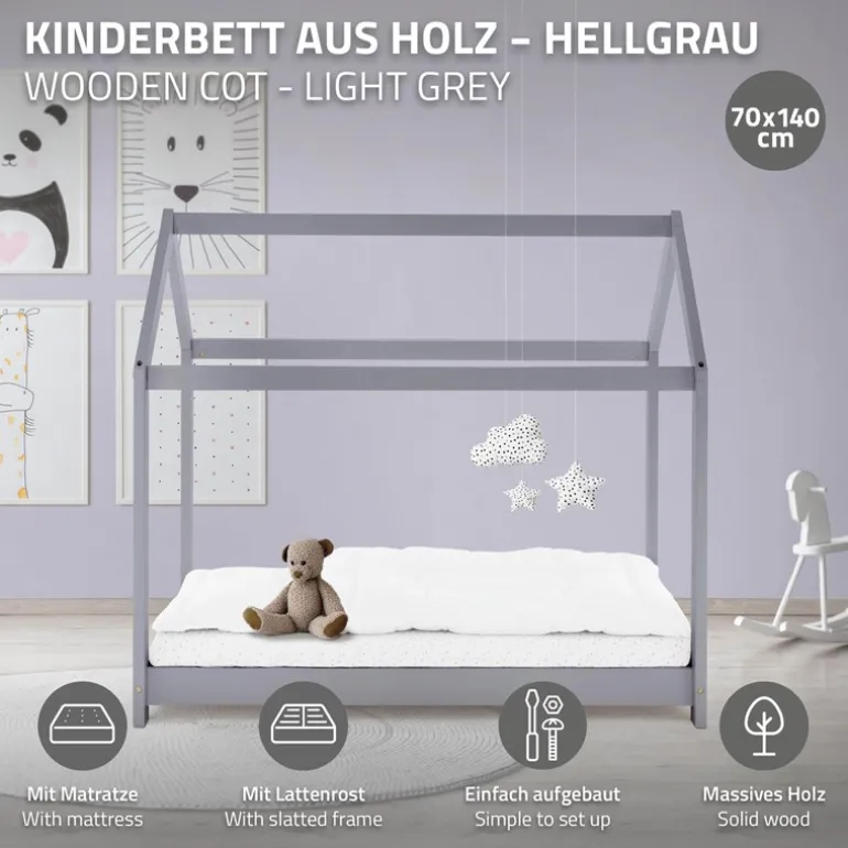 Kinderbett Hausbett 70x140 cm Hellgrau aus Kiefernholz inkl. Matratze H-10cm Holzbett mit Dach und Lattenrost ML-Design