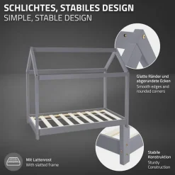 Kinderbett Hausbett 70x140 cm Hellgrau aus Kiefernholz inkl. Matratze H-10cm Holzbett mit Dach und Lattenrost ML-Design