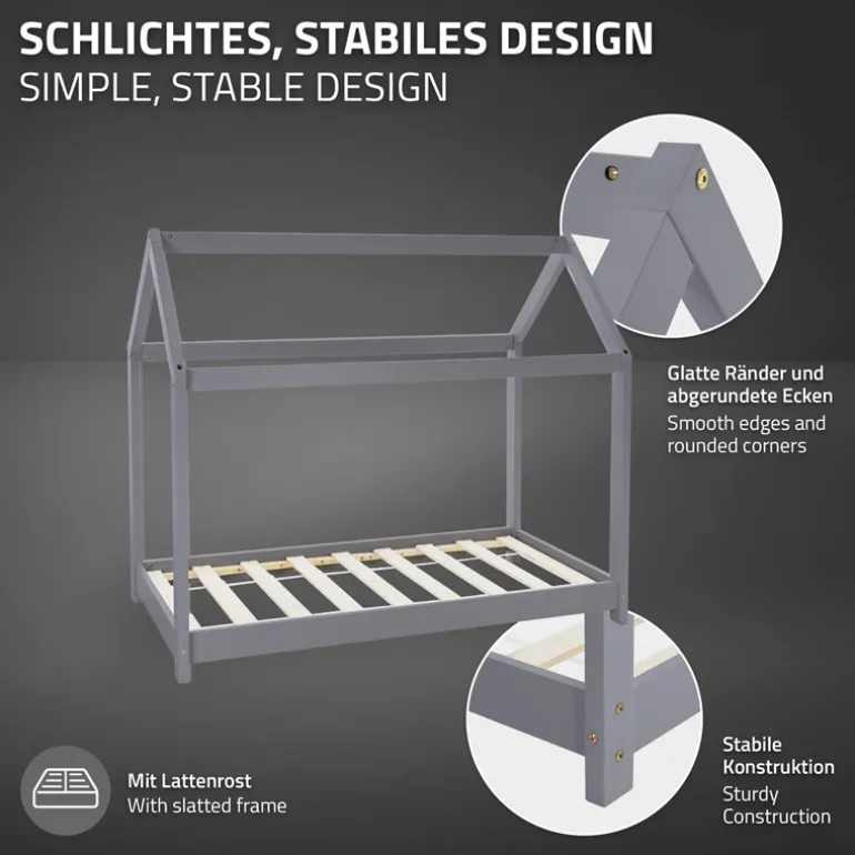 Kinderbett Hausbett 70x140 cm Hellgrau aus Kiefernholz inkl. Matratze H-10cm Holzbett mit Dach und Lattenrost ML-Design