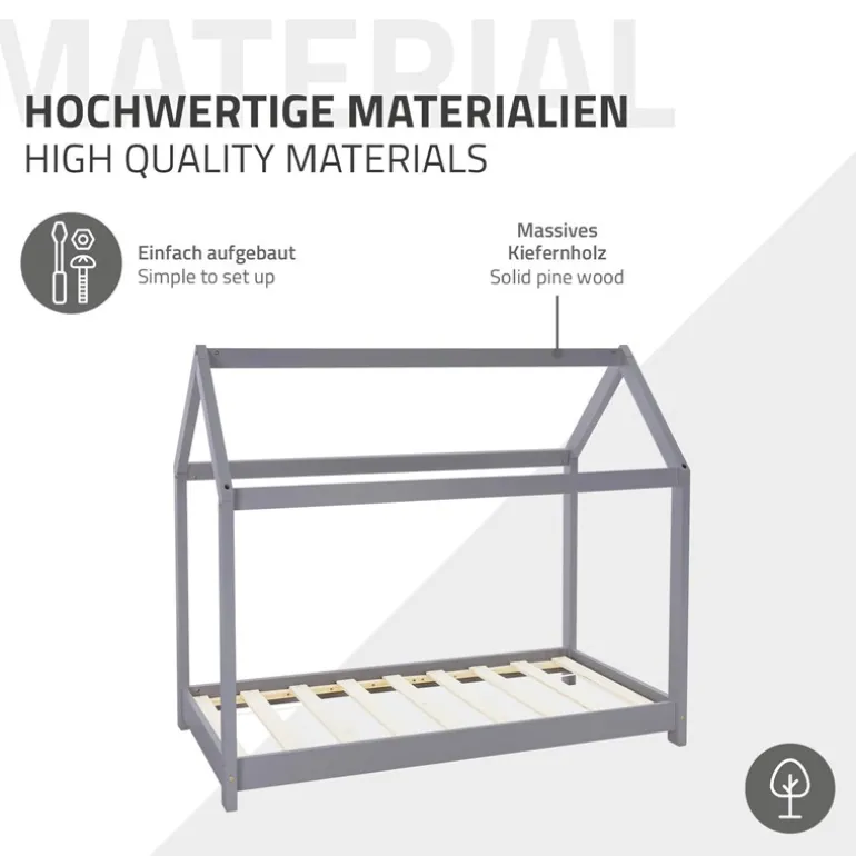 Kinderbett Hausbett 70x140 cm Hellgrau aus Kiefernholz inkl. Matratze H-10cm Holzbett mit Dach und Lattenrost ML-Design