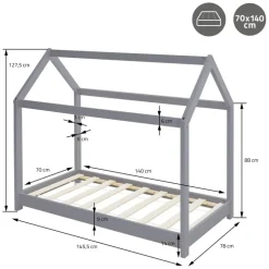 Kinderbett Hausbett 70x140 cm Hellgrau aus Kiefernholz inkl. Matratze H-10cm Holzbett mit Dach und Lattenrost ML-Design