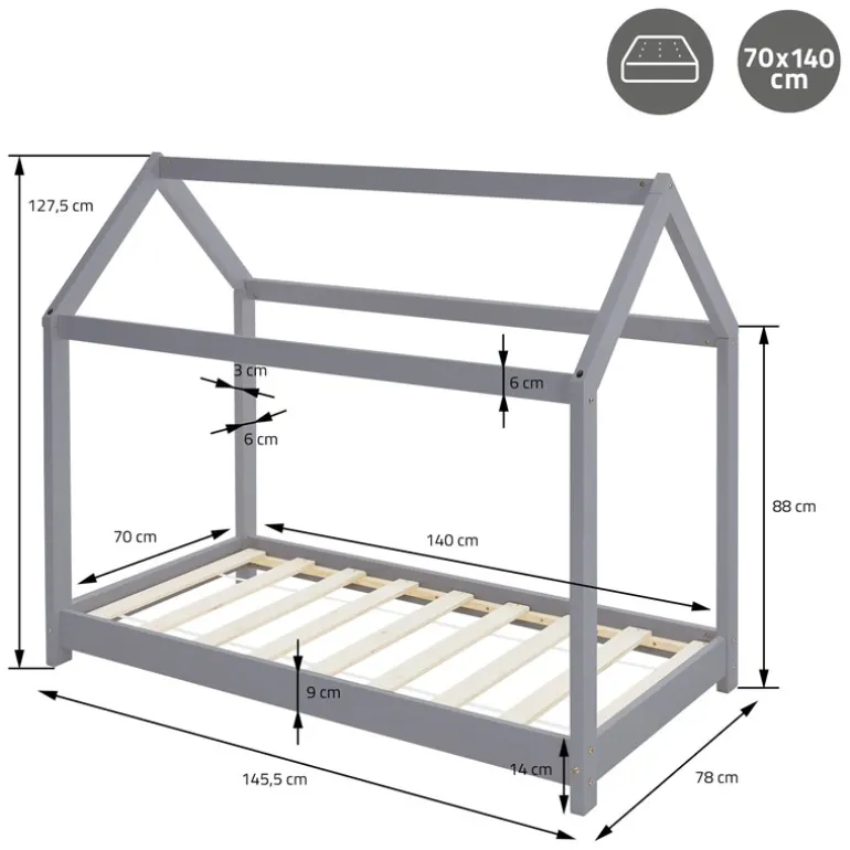 Kinderbett Hausbett 70x140 cm Hellgrau aus Kiefernholz inkl. Matratze H-10cm Holzbett mit Dach und Lattenrost ML-Design