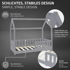 Kinderbett Hausbett 70x140 cm Hellgrau aus Kiefernholz mit Rausfallschutz Dach und Lattenrost Holzbett ML-Design