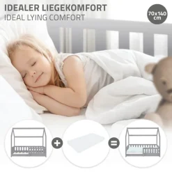 Kinderbett Hausbett 70x140 cm Hellgrau aus Kiefernholz mit Rausfallschutz Dach und Lattenrost Holzbett ML-Design