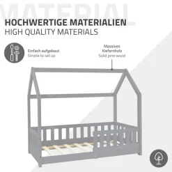 Kinderbett Hausbett 70x140 cm Hellgrau aus Kiefernholz mit Rausfallschutz Dach und Lattenrost Holzbett ML-Design