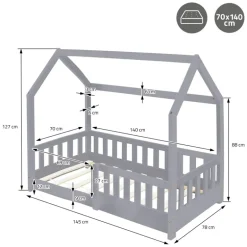 Kinderbett Hausbett 70x140 cm Hellgrau aus Kiefernholz mit Rausfallschutz Dach und Lattenrost Holzbett ML-Design